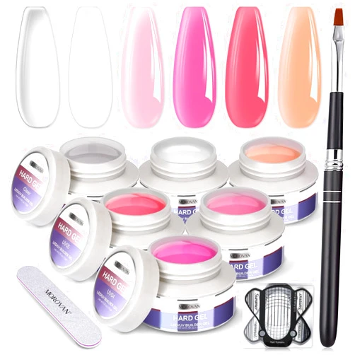 Morovan Builder Gel Nail Kit - 6 Colors UV Gel Builder Clear White Pink Hard Gel for Nail Extension Set with Gel Nail Forms Brush for Beginners DIY Nail Art Supplies