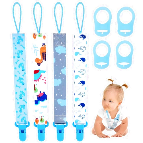 Dooyilets 4 Pcs Baby Dummy Strap Clip, Pacifier Clip Dummy Holder Straps with 4 Silicone Adapter, Soother Chains Clips Fit All, Soothers, Teething Toys, Baby Essentials (4 Pcs Blue)…