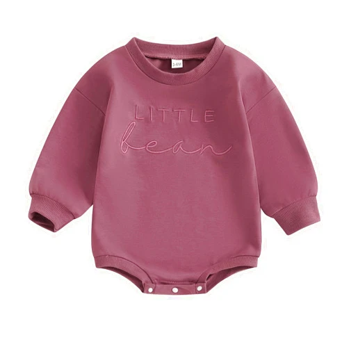 Lamuusaa Newborn Baby Girl Boy Clothes Little Bean Embroidery Romper Long Sleeve Bodysuit Crewneck Sweatshirt Fall Outfit