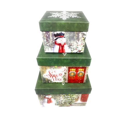 The Seasonal Shop Christmas Gift Boxes Set of 3 Deluxe Christmas Nesting Boxes with Lids in 3 Assorted Sizes for Holiday Decorative Wrapping (Green Snowflake)