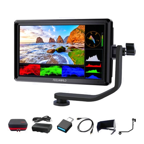 FEELWORLD S55 V3 6 Inch DSLR Camera Field Monitor Bundle - FHD IPS Screen, 4K HDMI in/Out, Tilt Arm, Power Output, Battery & Carry Case Included