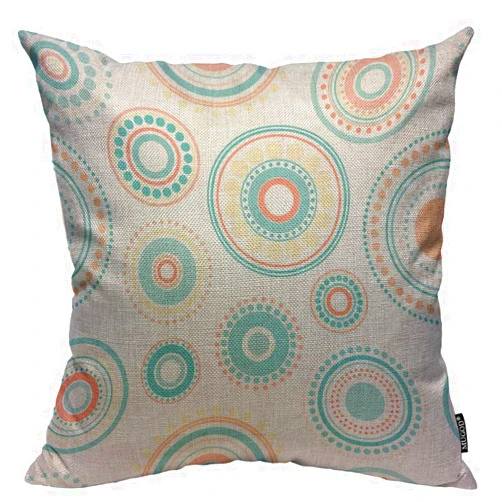 Mugod Kaleidoscope Throw Pillow Cover Orange and Turquoise Circles and Dots Ethnic Style Pattern Decorative Square Pillow Case for Home Bedroom Living Room Cushion Cover 18x18 Inch