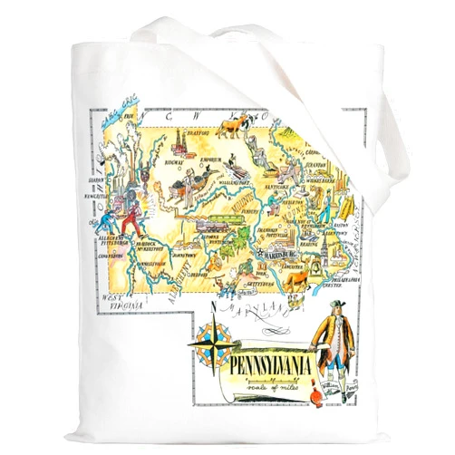 LEVLO Fun State Map Of Pennsylvania Tote Bag Pennsylvania Travel Gift 1940’s Pennsylvania Cartoon Illustration Shoulder Bag