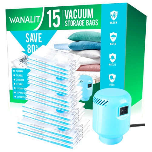 WANALIT Vacuum Storage Bags with Electric Air Pump, New Air Valve Combo 15 Pack Space Saver Bag, Vacuum Sealer Bags for Clothes, Blanket, Duvets, Pillows, Comforters, Travel, Two Compressing Ways
