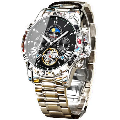 FORSINING Mechanical Men's Watch, Moon Phase Tourbillon Automatic Self-Wind Wristwatch, Luxury Stainless Steel Band 43mm Big Dial Mens Wrist Watch with 3 Sub Dial