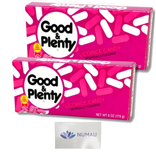 NUMAU Two Pack Good & Plenty 6 OZ Theater Box with Exclusive NUMAU Refrigerator Magnet - Nostalgic Candy Party Favors & Snacks for Kids - Perfect for Sweet Tooth