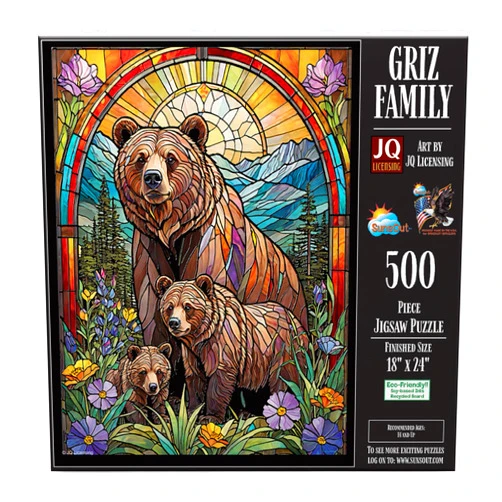SUNSOUT INC - Griz Family Stained Glass Bears - 500 pc Jigsaw Puzzle by Artist: JQ Licensing - Finished Size 18
