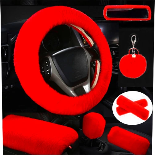 STEVE YIWU Cute Fluffy Steering Wheel Cover Set, Warm Soft Fur Fuzzy Steering Wheel Covers for Women/Girls,Universal 15 Inch 1 Set 8 Pcs Furry Car Accessories (Red)