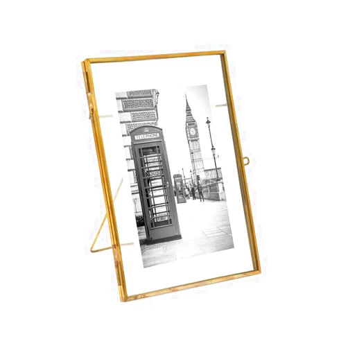 Isaac Jacobs 5x7, Antique Gold, Vintage Style Brass and Glass, Metal Floating Picture Frame (Vertical) with Locket Closure, for Photos, Art, & More, Tabletop Display (5x7 Antique Gold)