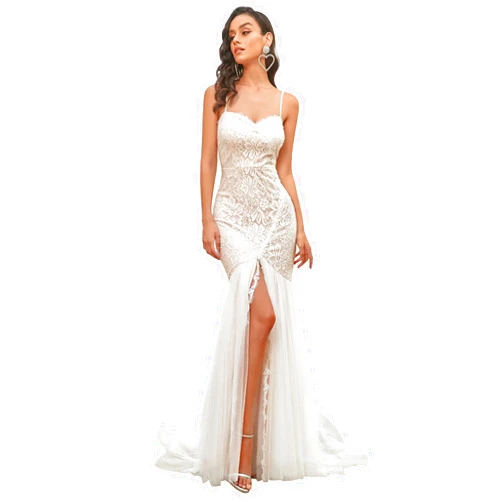 Ever-Pretty Women Spaghetti Straps Long Lace Applique Bodycon Side Slit Mermaid Wedding Dress 90355