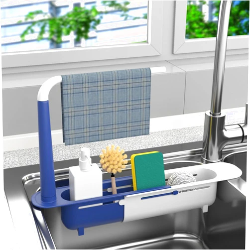 Generic Telescopic Sink Storage Rack with 2 Sponge - Sink Caddy Sponge Holder for Kitchen Sink(Blue)