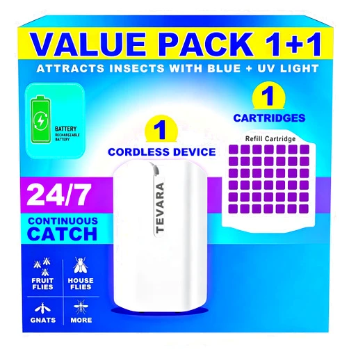 TEVARA Cordless Flying Insect Trap Indoor, 4000mAh Rechargeable UV Light Bug Catcher for Moths Gnats Fruit Flies, 2-in-1 Night Light Mode Fly Trap for Home Kitchen Garage RV (1 Device & 1 Cartridge)