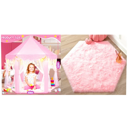 KIXINWA Pink Princess Tent with Small Star Lights and Pink Princess Rug