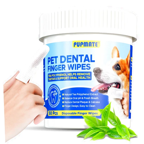 PUPMATE Dental Care Wipes for Dog- Teeth Cleaning Finger Wipes for Plaque and Tartar Removal, Safe & Gentle Disposable Toothbrush Wipes for Fresh Breath & Gum Care - 50 Pcs