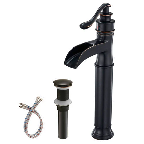 BWE Waterfall Spout Oil Rubbed Bronze Single Handle One Hole Bathroom Sink Vessel Faucet ORB Lavatory Faucets Deck Mount Tall Body Commercial