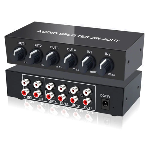 FlyroadUp 2 in 4 Out RCA L/R Audio Splitter Stereo Line Level Distributor Mixer with Independent Volume Control for Home Theater, DJ, Studio