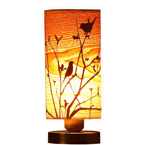 Bieye L10272 Birds in The Tree Wooden Style Table Lamp Night Light with Wood Lampshade Bronze Metal Base for Bedside Bedroom Living Room, Cylinder-Shaped (Bronze)