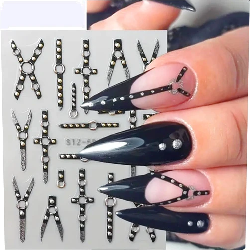 FBABFBUO Halloween Nail Art Stickers 5D Embossed Gothic Punk Nail Decals 2PCS Skull Cross X-Shape Halloween Nails Design Supply Dark Black Belt Nail Adhesive Sliders for Women Manicure Nail Art Decorations