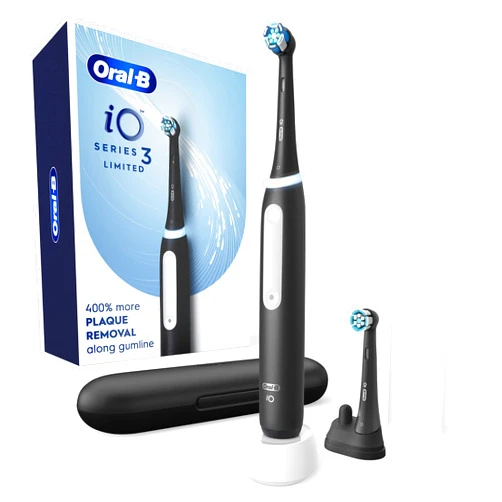 Oral-B iO Deep Clean Rechargeable Electric Powered Toothbrush, Black with iO Series 3 Limited, 2 Brush Heads and Travel Case - Pressure Sensor to Protect Gums - 3 Cleaning Settings - 2 Minute Timer