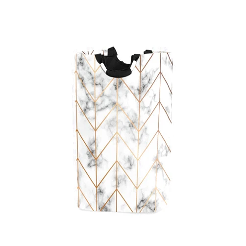 Poeticcity Modern Luxury Black White Marble Texture with Golden Geometric Lines Laundry Hamper Basket Bucket, Foldable Dirty Clothes Bag, Waterproof Fabric Washing Bin, Toy Storage with Handles for Bathroom