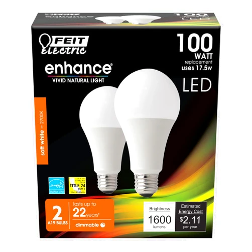 Feit Electric A19 LED Light Bulb, 100W Equivalent, Dimmable, E26 Base, CRI 90, 1600 Lumens, 2700K Soft White, General Purpose Light Bulb, 22-Year Lifetime, OM100DM/927CA/2, 2 Pack