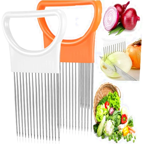 AIMPGSTL 2PCS Onion Holder Slicer, Stainless Steel Assistant Slicers Cutter Chopper, Vegetable Fruits Meat Tenderizer Slicing Assistant Kitchen Tool(Orange,White)