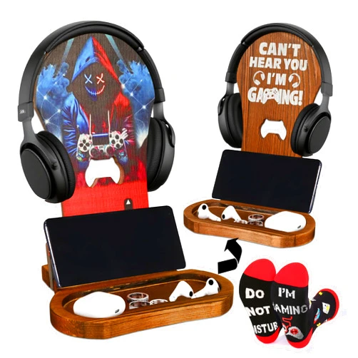PAVQWEJ Gamer Gifts for Men Boys Teen Christmas, Gaming Room Decor Gifts for Brother Men Son Dad Husband Friends Gamer, Game Room Accessories Stuff, Wooden Headset Stand - Can't Hear You I'm Gaming