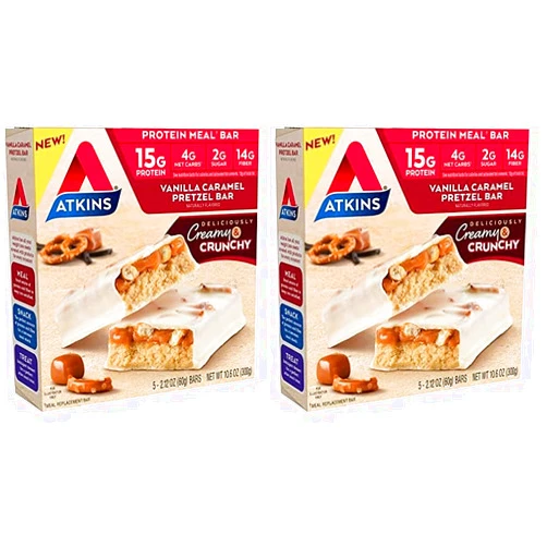 Atkins Vanilla Caramel Pretzel Protein Meal Bar, High Fiber, 2g Sugar, 4g Net Carbs, Meal Replacement, Keto Friendly, 5 Count (Pack of 2)