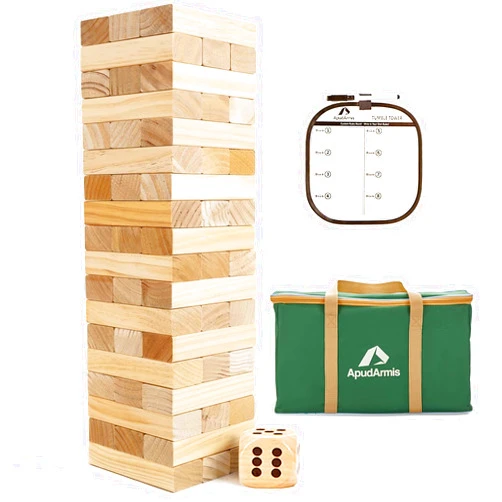 ApudArmis Giant Tumble Tower (Stack from 2Ft to Over 4.2Ft), 54 PCS Pine Wooden Stacking Timber Game with 1 Dice Set - Classic Block Giant Outdoor Game for Teens Adults Family