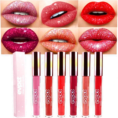 evpct 6Pcs Matte to Glitter Liquid Lipstick Long Lasting Lip Set Kit,6 Color Diamond Dark Red Pink Purple Mauve Glitter Sparkly Glossy Metallic Shimmer Sparkle Waterproof Lipstick Lip Gloss for Women