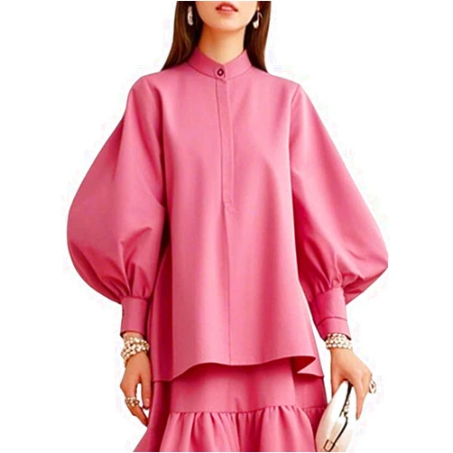 Oshoplive Women's French Cotton Blouses Loose Fit Shirt Tops Puff Sleeve Mid Length Elegant Tunic Stand Collar Casual Office Wear