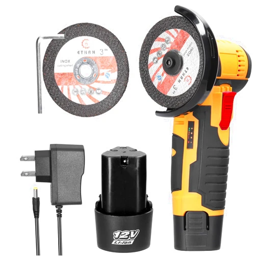 Geevorks Angle Grinder, Geevorks Electric Grinding Tool 19500RPM, Mini Grinder Handheld Cutter for Cutting Polishing Ceramic Tile Wood Stone Steel, with 2 Cutting Disc/2PCS 1200mAh Battery, Yellow