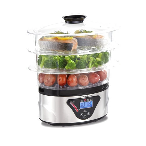 Hamilton Beach Digital Electric Food Steamer & Rice Cooker for Quick, Healthy Cooking with Stackable Three-Tier Bowls for Vegetables and Seafood, 8.25 Quart, Black & Stainless Steel