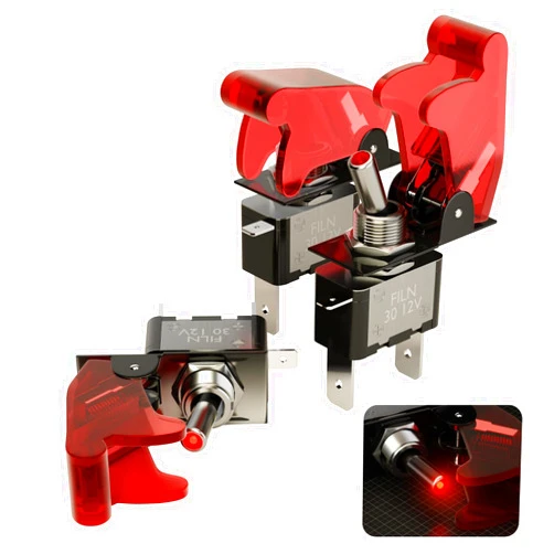FILN/3Pcs Rocker Toggle Switch 12V 20A Heavy Duty Racing Car Auto SPST On/Off Toggle Switch Red LED Illuminated 3 Pin with Red Waterproof Safety Cover ASW-07D-R
