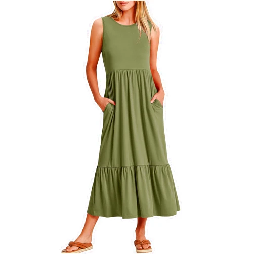 ANRABESS Women Summer Casual Sleeveless Crewneck Sundress Aline Flowy Tiered Maxi Long Beach Dress Vacation Outfits