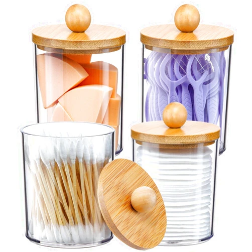 VITEVER 4 Pack Qtip Holder Dispenser with Bamboo Lids - 10 oz Clear Plastic Apothecary Jar Containers for Vanity Makeup Organizer Storage - Bathroom Accessories Set for Cotton Swab, Ball, Pads, Floss
