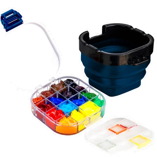 Falling in Art Paint Palette, Airtight 16 Wells Storage Palette Box with Lid and Folding Paint Brush Basin for Watercolor, Gouache and Acrylic Painting (Blue)