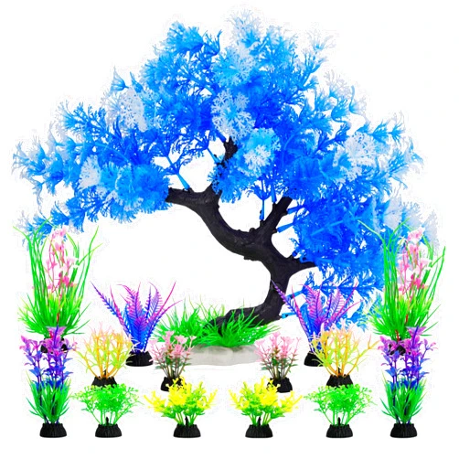 MyLifeUNIT Fish Tank Decorations, 15 Pack Artificial Aquarium Plants Tree Set for Fish Tank Decor (Bule Set)