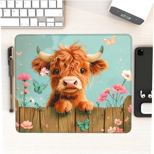 Awsaccy Highland Cow Mouse Pad Desk Mat Washable Cute with Floral & Butterfly Design Non-Slip Rubber Base Stitched Edges 9.5 x 7.9 Inches Office Gift for Women Computers Laptop Desk Accessories