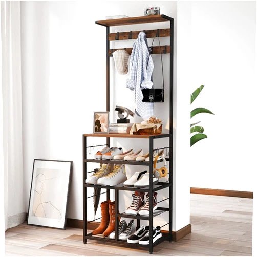 GiftGo Vintage Large 5-Tier Hall Tree with Console Table Entryway Coat Rack Floor Standing Shoes Rack Storage Shelf Organizer for Home Office Bedroom (Rustic Brown)