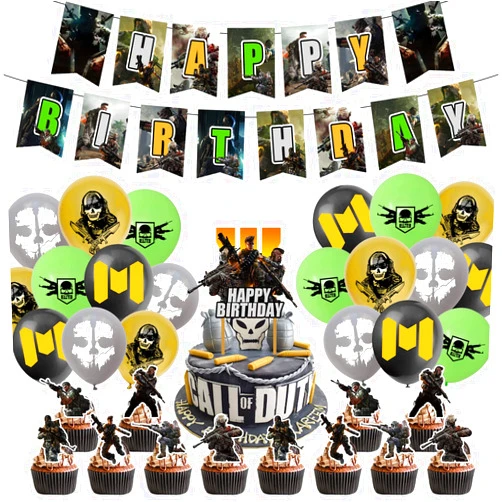 Heidaman Gaming Call Party Supplies Boy of Duty Birthday Party Decorations,Set Include Banner Balloons Cake Tops