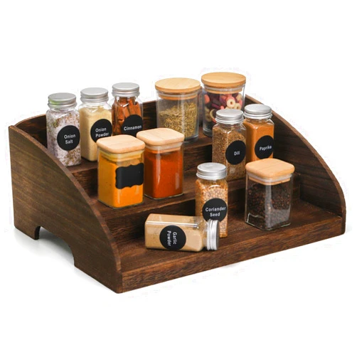 WRINGKIT 3 Tier Spice Rack Organizer, Space Saving Wood Seasoning Organizer, Cabinet, Rustic Tiered Step Countertop Spice Storage Holder for Kitchen Cabinet Shelf Pantry