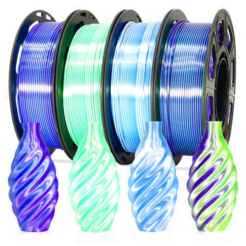MIKA3D Dual Color Silk PLA 1.75mm 3D Printer Filament Bundle, 4 Spools Pack 2 Color in 1 PLA, Silk Blue Purple, Silk White Green, Silk White Blue, Silk Green Purple, 3D Printing PLA 250g X 4 Spools