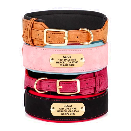 KINYABLUE Personalized Dog Collars with Large Name Plate, Soft Neoprene Thick Padded Custom Dog Collar with Metal Buckle, 1.5 inch Wide Brown Leather Dog Collar Customized for Large Dogs