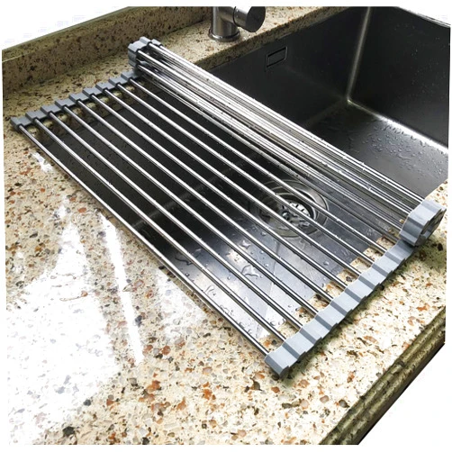 Tomorotec Roll Up Dish Drying Rack, Over The Sink Dish Drying Rack, Portable Stainless Steel Rolling Rack Multipurpose Kitchen Drainer Caddy Organizer Storage Shelf Holder, Gray