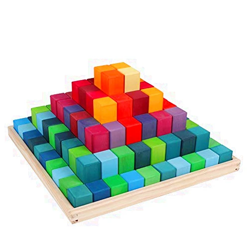 Moderngenic 'Pyramid' Rainbow X-Large 100 Piece Blocks, Wooden Toys for Kids, Geometric Stacking Educational Building Blocks
