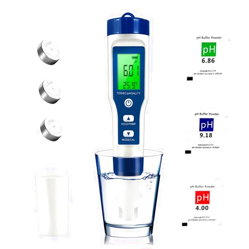 KONVIO NEER 5 in 1 TDS Meter PH Tester, 0.01 High Accuracy Digital PH Meter for Water, PH/TDS/EC/Salt/Temp Tester, PPM Meter Water Tester for Drinking Water, Hydroponics, Plants, Aquarium and Pool