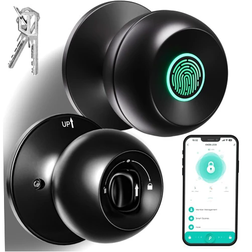 GMGH Fingerprint Door Lock，Smart Door Knob，Biometric Door Lock，Thumbprint Door Knob with APP Control, Key, Great for Bedroom, Front Door, Apartment, Office, Garage, Cloakroom Black