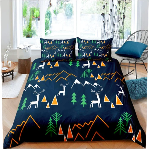 Erosebridal Children Cartoon Duvet Cover Deer Antlers Quilt Cover King for Kids Boys Girls Teens Mountain Tree Comforter Cover Camping Theme Dark Blue Bedding Set with 2 Pillow Cases(No Comforter)