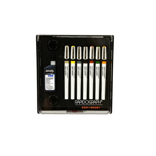 Koh-I-Noor Rapidograph Slim Pen and Ink Set, 7 Assorted Pen Nibs and .75 oz. Bottle of Ultradraw Black Ink, 1 Set Each (3165SP7)